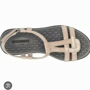 Clarks Nude Patent Leather T-Strap Sandals
